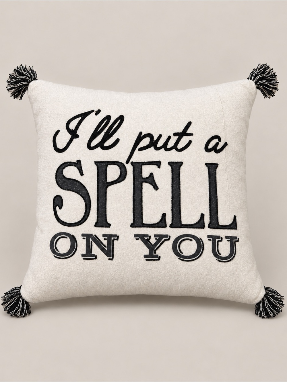 Halloween I’ll Put a Spell on You Square Beige Pillow 20” Cotton Feather Tassels